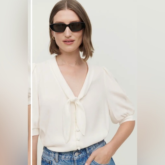 New Reformation Joelle Tie Neck Button-Up Blouse in Gossamer ✨🔥🔥 no 🏷️ XS - Picture 1 of 4
